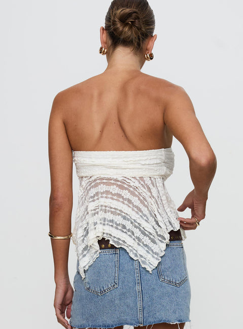 back view of model wearing Princess Polly You Were Right Strapless Textured Top Cream Sleeveless straight 