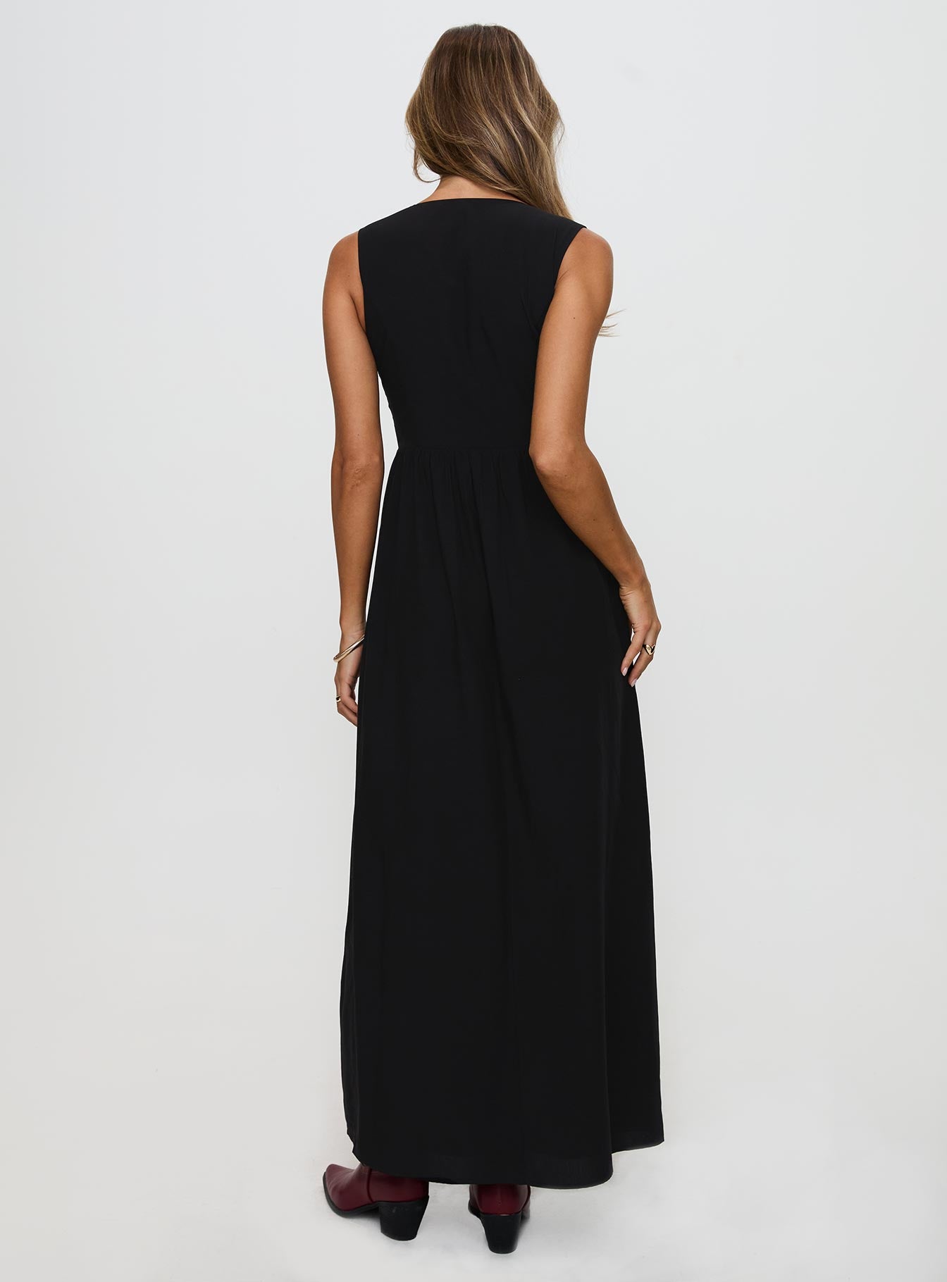 back view of model wearing Princess Polly Pokey Maxi Dress Black Plunger 