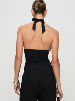 back view of model wearing Princess Polly Whimsy Halter Top Black Sleeveless Plunger 