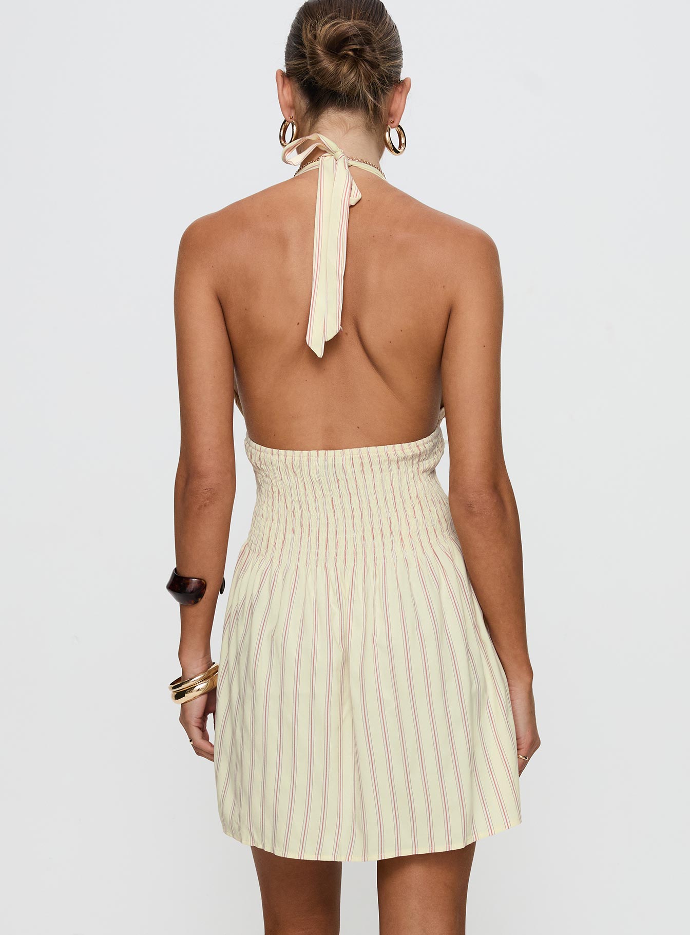 back view of model wearing Princess Polly Alivea Shirred Mini Dress Cream Plunger 