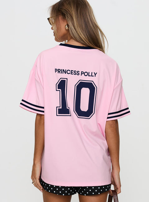 back view of model wearing Princess Polly Cornwall Football Jersey Pink Half Sleeves Crew Neck 
