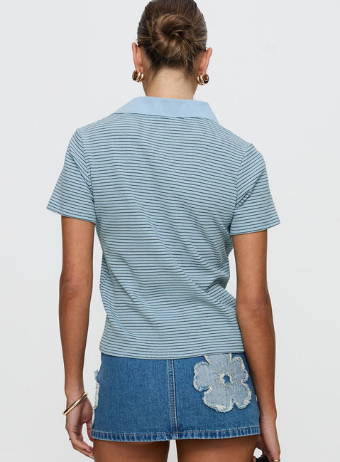 back view of model wearing Princess Polly Ralphy Collared Top Blue Stripe Short Sleeves V-Neck 