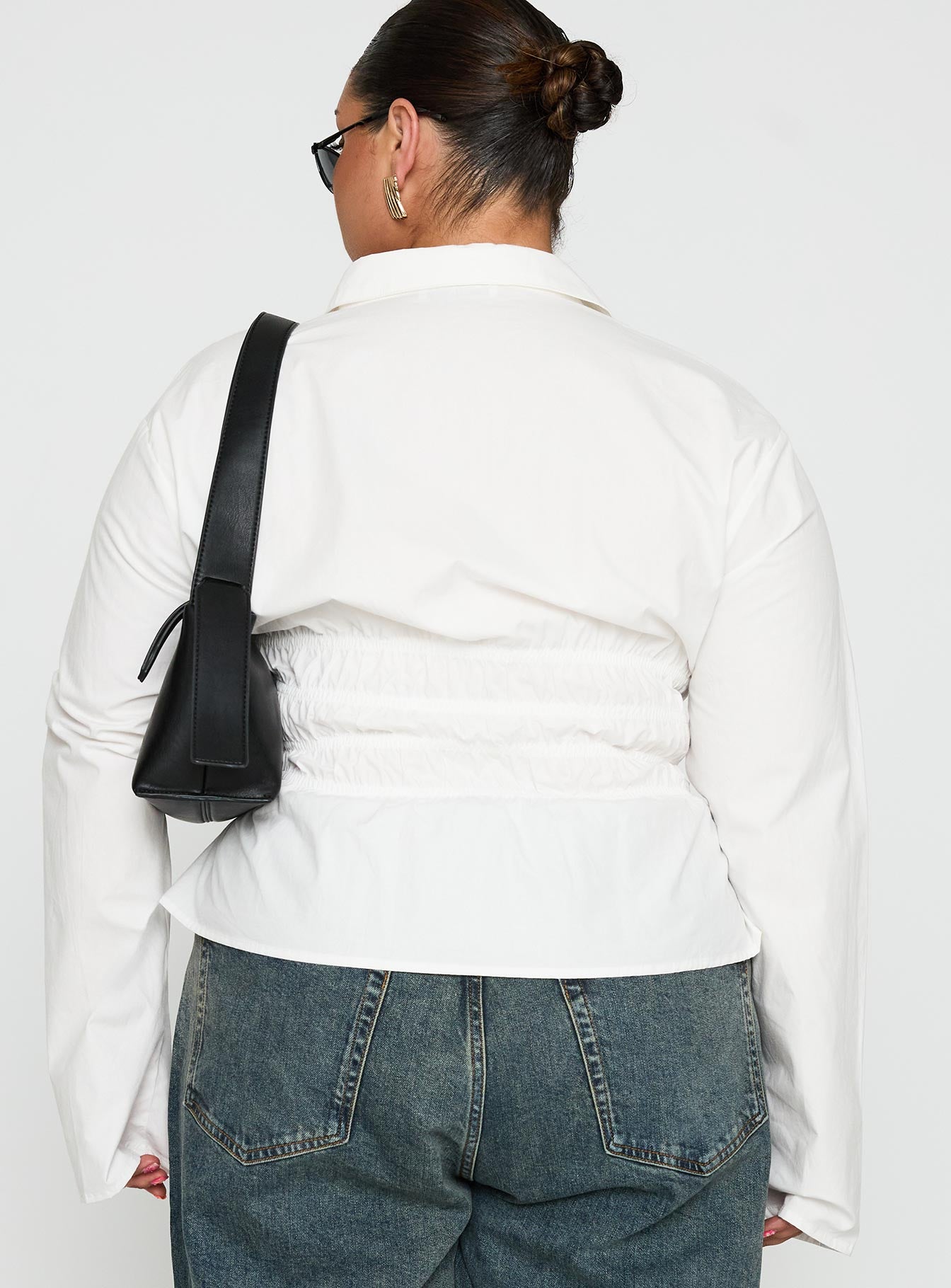 back view of model wearing Princess Polly Liesel Shirred Long Sleeve Top White Curve Full Sleeves V-Neck 