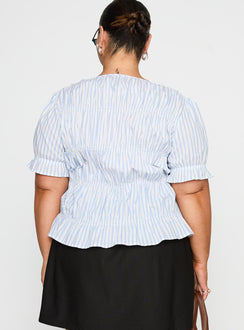 back view of model wearing Princess Polly Alistair Bow Tie Top Blue / White Stripe Curve Half Sleeves Crew Neck 