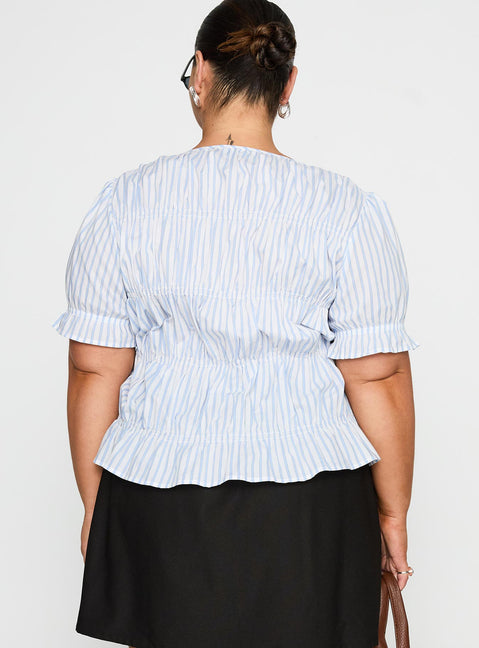 back view of model wearing Princess Polly Alistair Bow Tie Top Blue / White Stripe Curve Half Sleeves Crew Neck 