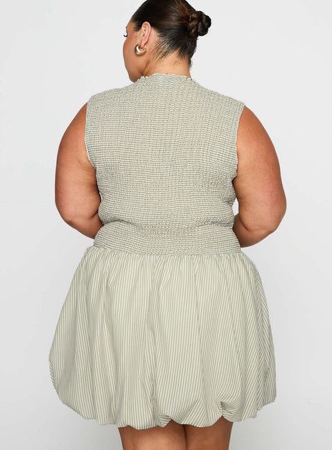 back view of model wearing Princess Polly Narnie Mini Dress Sage Curve Crew Neck 