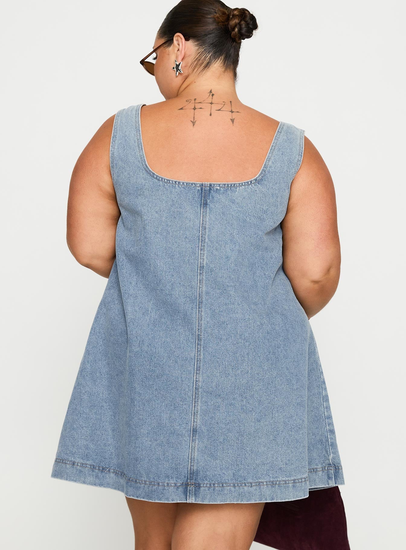 back view of model wearing Princess Polly State Of Mind Mini Dress Blue Denim Curve Scoop Neck 
