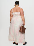 back view of model wearing Princess Polly Persephone Shirring Linen Maxi Dress Pink Stripe Curve Square Neck 