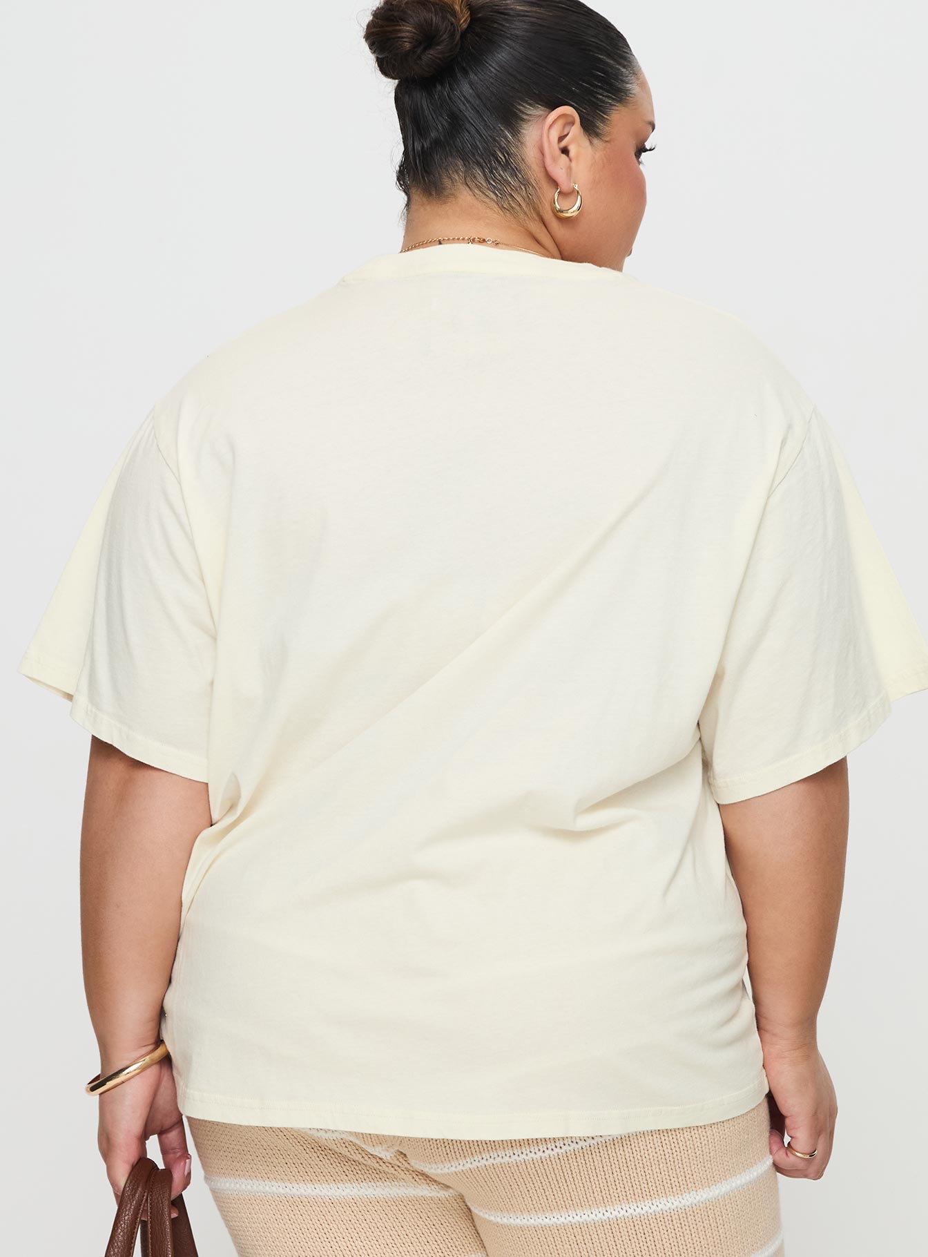 back view of model wearing Princess Polly Local Produce Tee Cream Curve Half Sleeves Crew Neck 