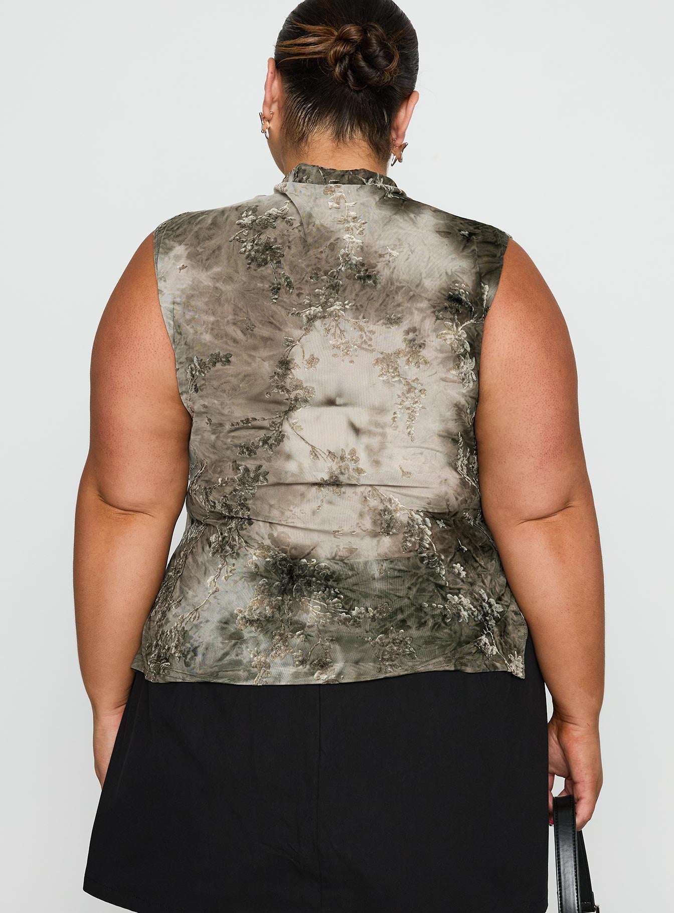 back view of model wearing Princess Polly Nights All Alone High Neck Top Multi Curve Sleeveless High Neck 