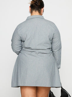 back view of model wearing Princess Polly Publicity Long Sleeve Mini Dress Blue Pinstripe Curve V-Neck 