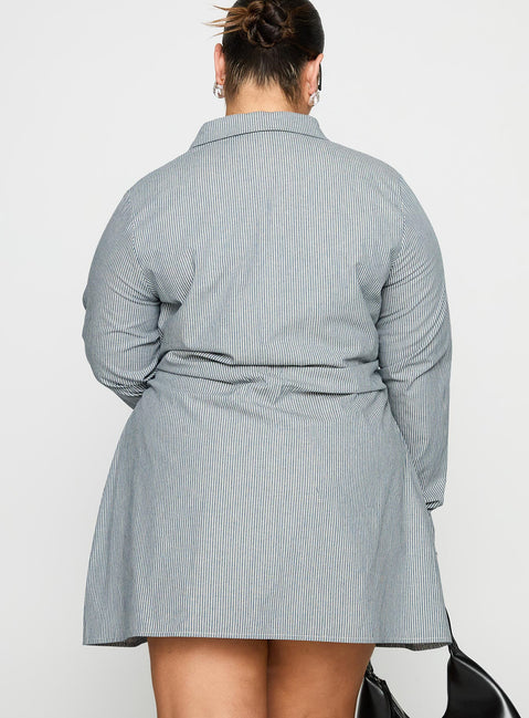 back view of model wearing Princess Polly Publicity Long Sleeve Mini Dress Blue Pinstripe Curve V-Neck 