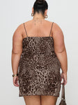 back view of model wearing Princess Polly Sugar Mini Dress Leopard Curve Cowl Neck 