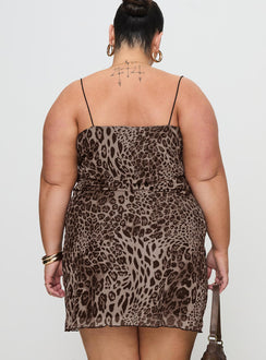 back view of model wearing Princess Polly Sugar Mini Dress Leopard Curve Cowl Neck 