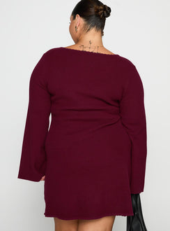 back view of model wearing Princess Polly Sandyra Knit Mini Dress Maroon Curve Square Neck 