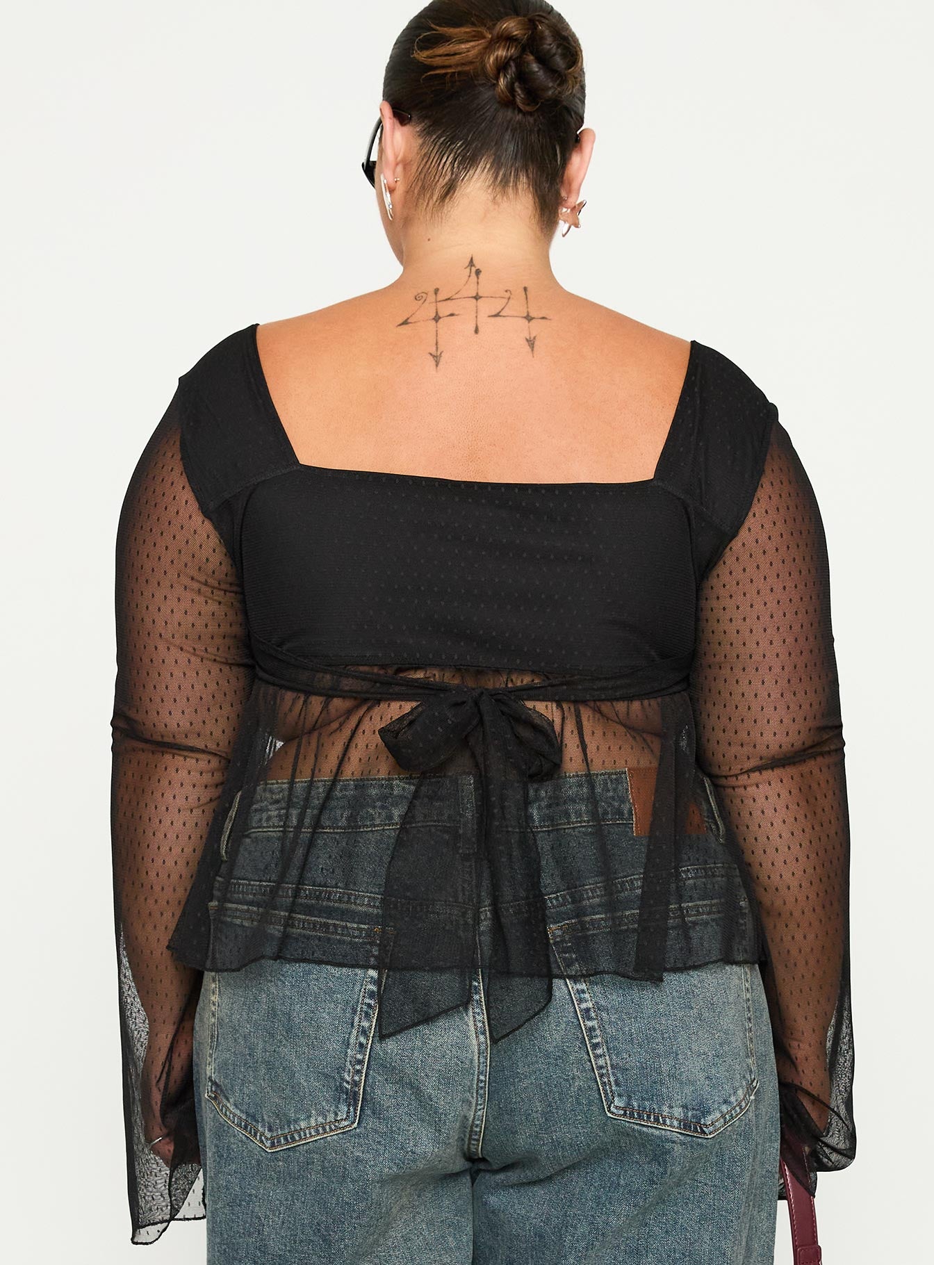 back view of model wearing Princess Polly Fiorello Long Sleeve Top Black Curve Full Sleeves Square Neck 