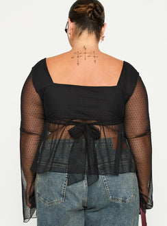 back view of model wearing Princess Polly Fiorello Long Sleeve Top Black Curve Full Sleeves Square Neck 