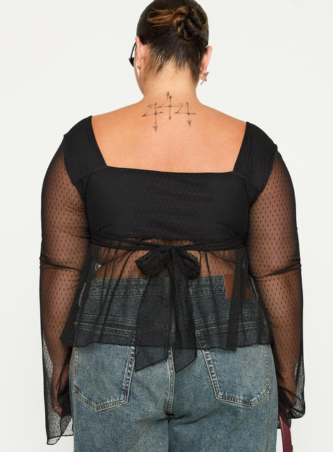 back view of model wearing Princess Polly Fiorello Long Sleeve Top Black Curve Full Sleeves Square Neck 