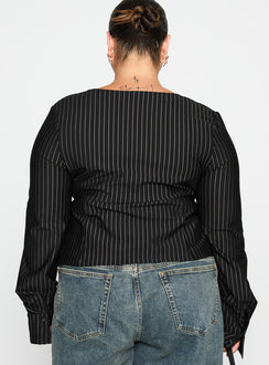 back view of model wearing Princess Polly Set For Life Foldover Detail Long Sleeve Top Black / White Pinstripe Curve Full Sleeves Sweetheart 