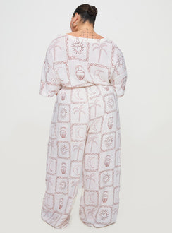 back view of model wearing Princess Polly Sun Dream Pant Cream / Multi Curve 