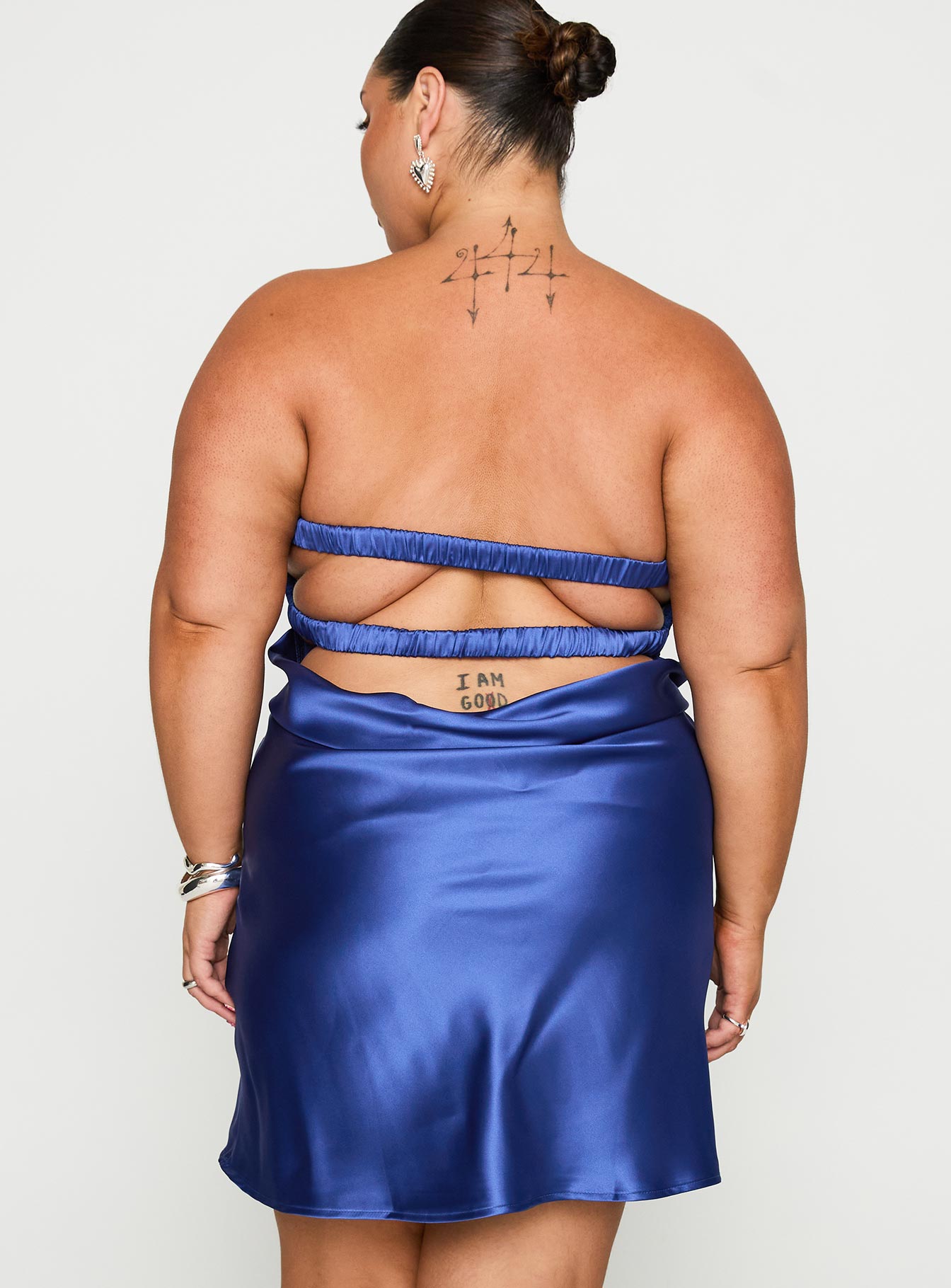 back view of model wearing Princess Polly Shellie Mini Dress Blue Curve Sweetheart Neckline 