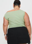 back view of model wearing Princess Polly Karre Off The Shoulder Top Sage Curve Short Sleeves Asymmetric Neckline 