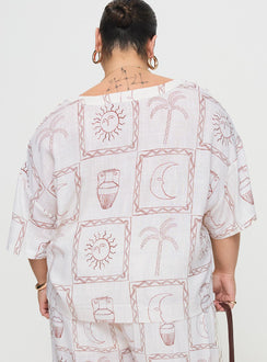 back view of model wearing Princess Polly Sun Dream Shirt Cream / Multi Curve Three Fourth Sleeves Plunger 
