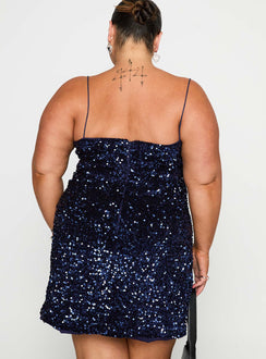 back view of model wearing Princess Polly Layney Sequin Mini Dress Navy Curve Square Neck 