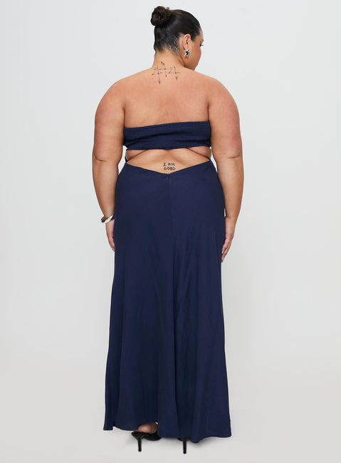 back view of model wearing Princess Polly Yahir Strapless Maxi Dress Navy Curve Straight Neck 