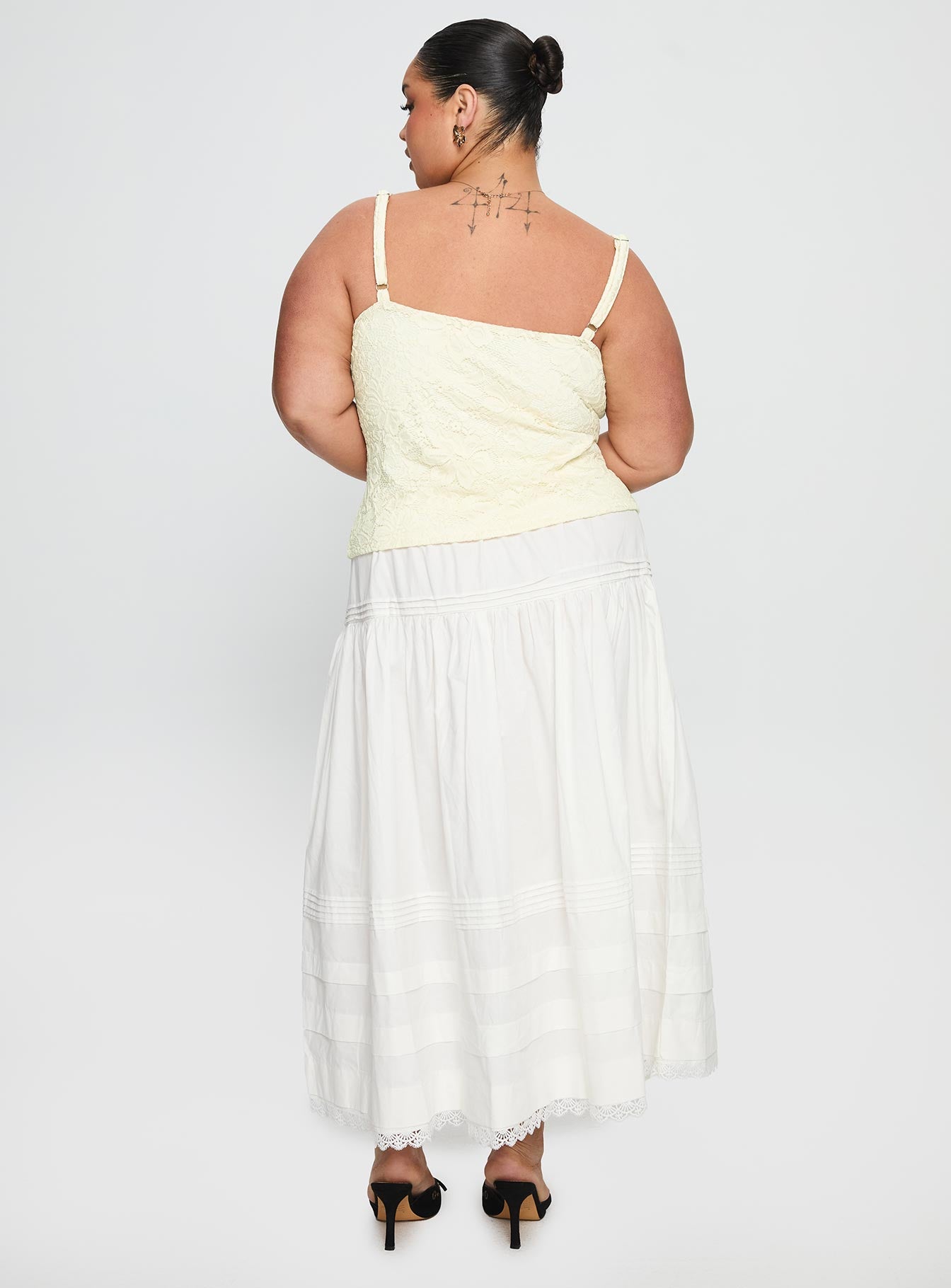 back view of model wearing Princess Polly Calling For You Flowy Maxi Skirt White Curve Maxi Skirts 