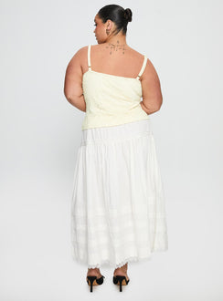 back view of model wearing Princess Polly Calling For You Flowy Maxi Skirt White Curve Maxi Skirts 