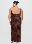 back view of model wearing Princess Polly Knox Maxi Dress Chocolate Paisley Curve Scoop Neck 