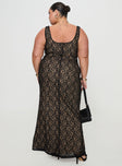 back view of model wearing Princess Polly Romani Lace Maxi Dress Black Curve Cowl Neck 