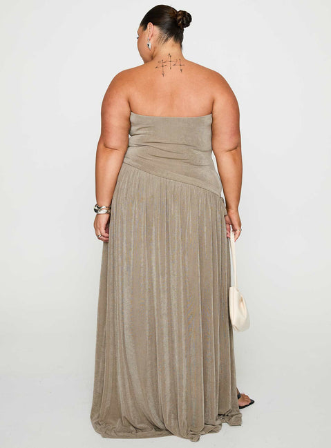 back view of model wearing Princess Polly Inka Strapless Maxi Dress Taupe Curve Straight Neck 