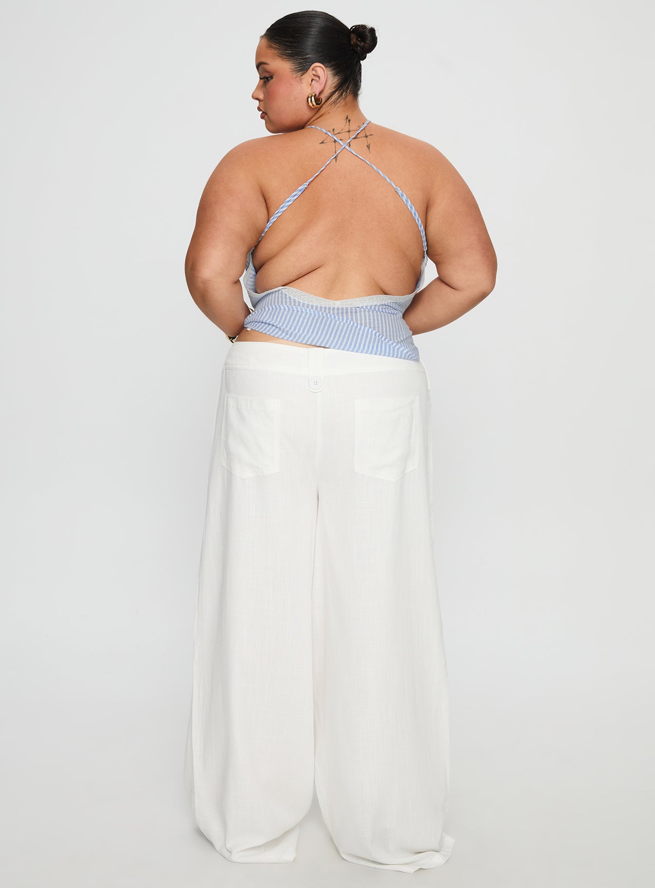back view of model wearing Princess Polly Pedra Wide Leg Pant White Curve High Rise Pants 
