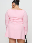 back view of model wearing Princess Polly Bombshell Long Sleeve Mini Dress Pink Curve Square Neck 