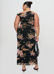 Goldrush Maxi Dress Black Floral Asymmetric Neckline 