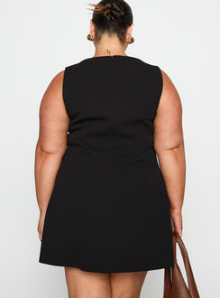 back view of model wearing Princess Polly Anse Mini Dress Black Curve Crew Neck 