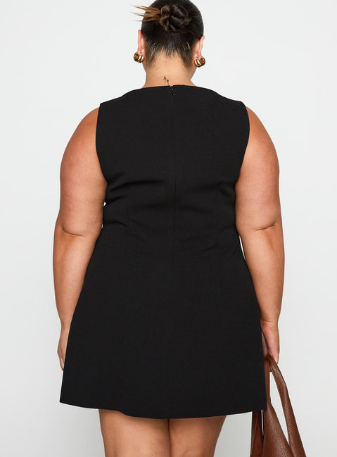back view of model wearing Princess Polly Anse Mini Dress Black Curve Crew Neck 
