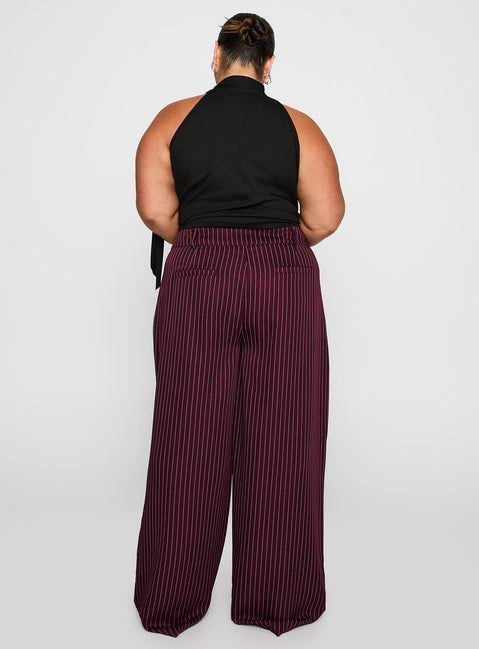 back view of model wearing Princess Polly Lorenne Mid Rise Pant Burgundy Pinstripe Curve 