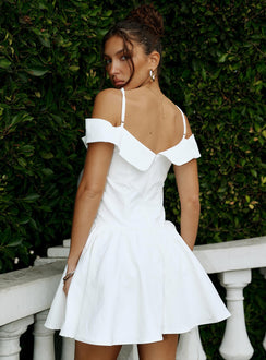 back view of model wearing Princess Polly Streetlights Off Shoulder Mini Dress White Sweetheart Neckline 