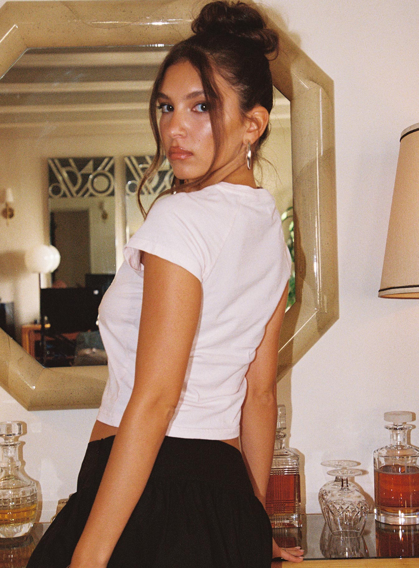 back view of model wearing Princess Polly Cherish Me Graphic Top Pink Short Sleeves Crew Neck 