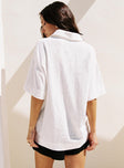 back view of model wearing Princess Polly Goody Linen Button Front Top White Half Sleeves V-Neck 