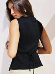 back view of model wearing Princess Polly Dulcinea Longline Vest Top Black Sleeveless Crew Neck 