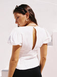 back view of model wearing Princess Polly Wilhelmina Blouse Top White Short Sleeves Plunger 