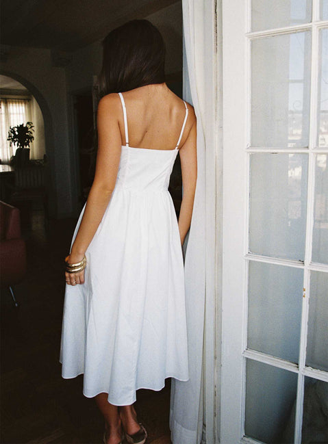 back view of model wearing Princess Polly Such A Wallflower Midi Dress White Scoop Neck 