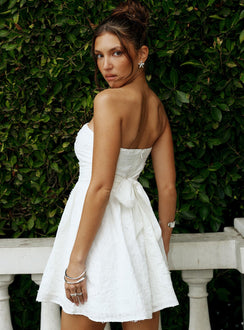 back view of model wearing Princess Polly Seasons Of Love Strapless Mini Dress White Straight Neck 
