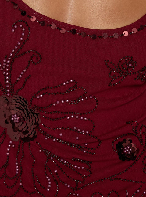 Daphie Beaded Midi Dress Burgundy