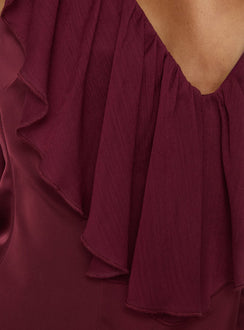 Madibelle V Neck Frill Mini Dress Wine