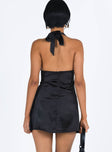 back view of model wearing Princess Polly Lanier Mini Dress Black Petite Plunger 